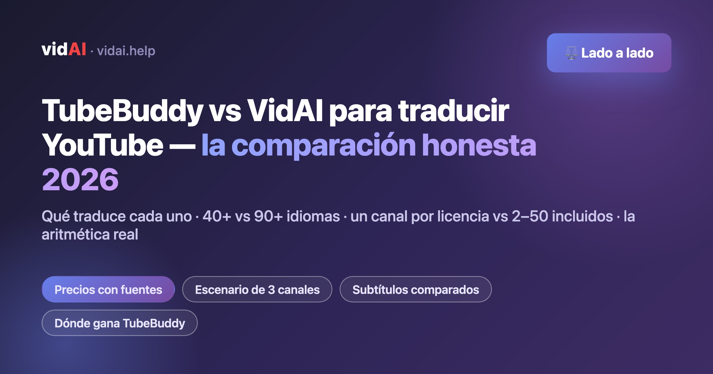 TubeBuddy vs VidAI para traducir YouTube (2026): comparación honesta — funciones, canales y coste real