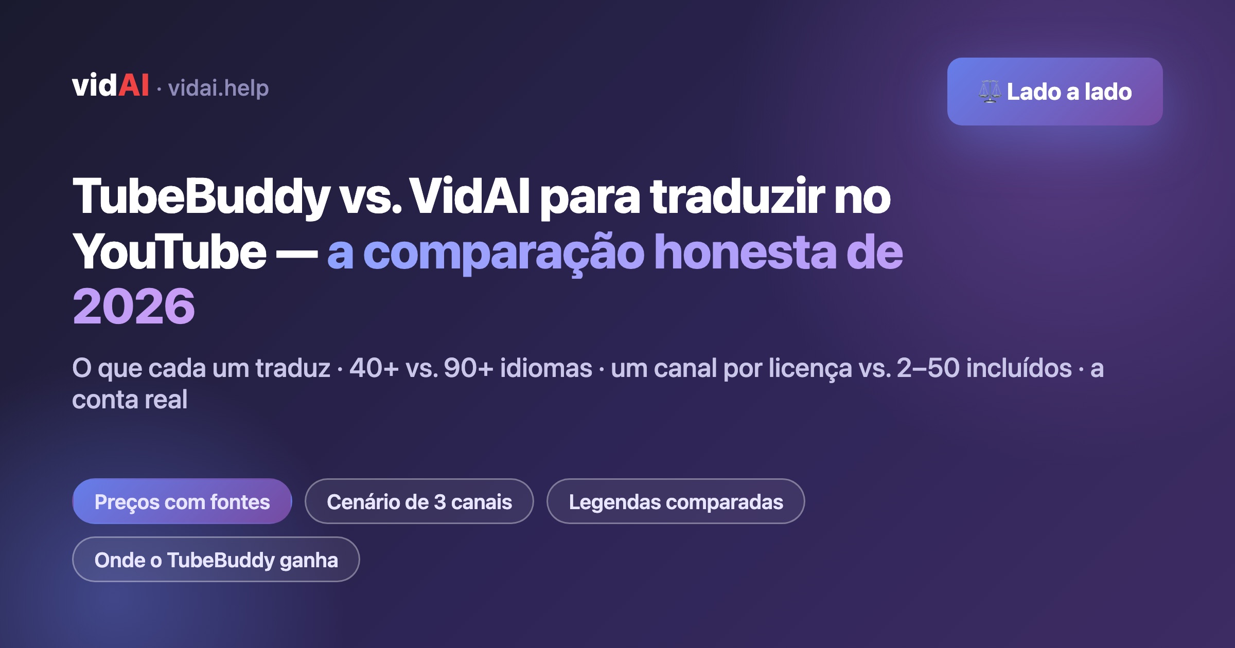 TubeBuddy vs. VidAI para traduzir no YouTube (2026): comparação honesta — recursos, canais e custo real