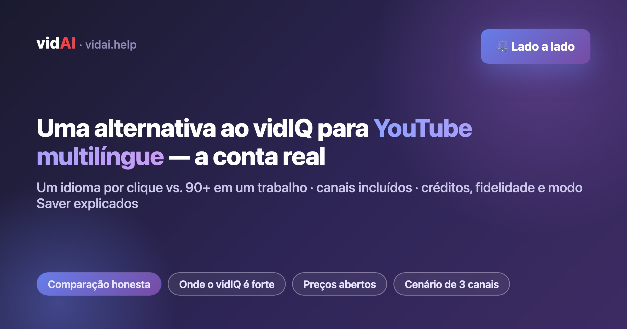 Alternativa ao vidIQ para YouTube multilíngue (2026): a conta real para traduzir em 90+ idiomas