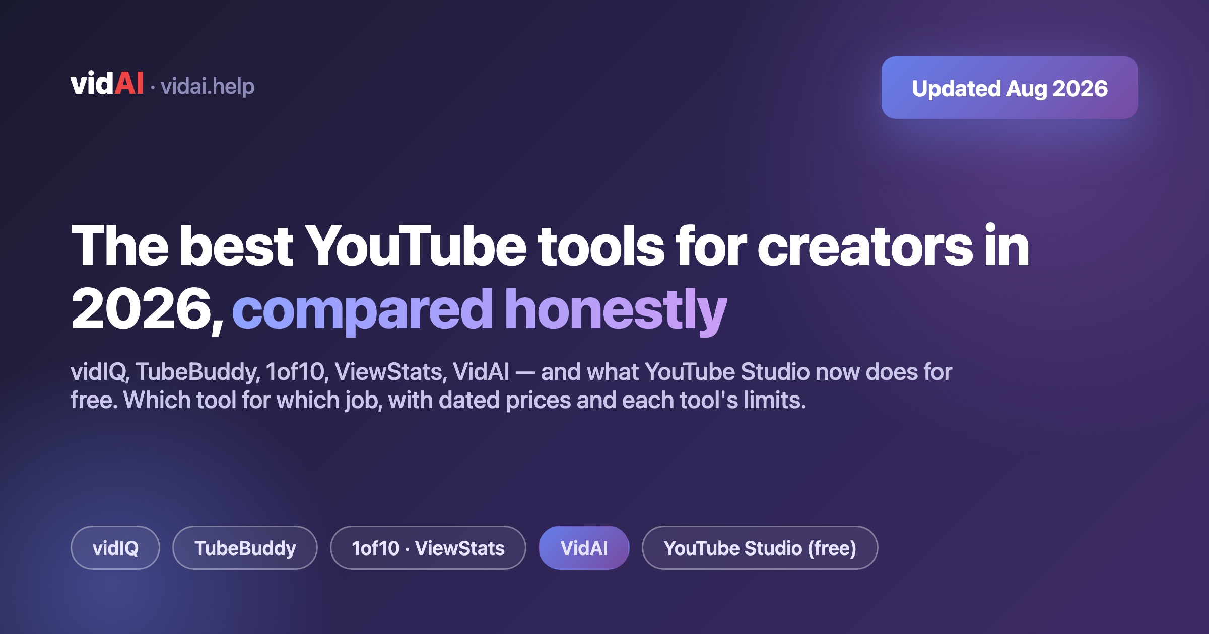 The Best YouTube Tools for Creators in 2026, Compared Honestly: vidIQ, TubeBuddy, 1of10, ViewStats, VidAI — and What YouTube Studio Does for Free