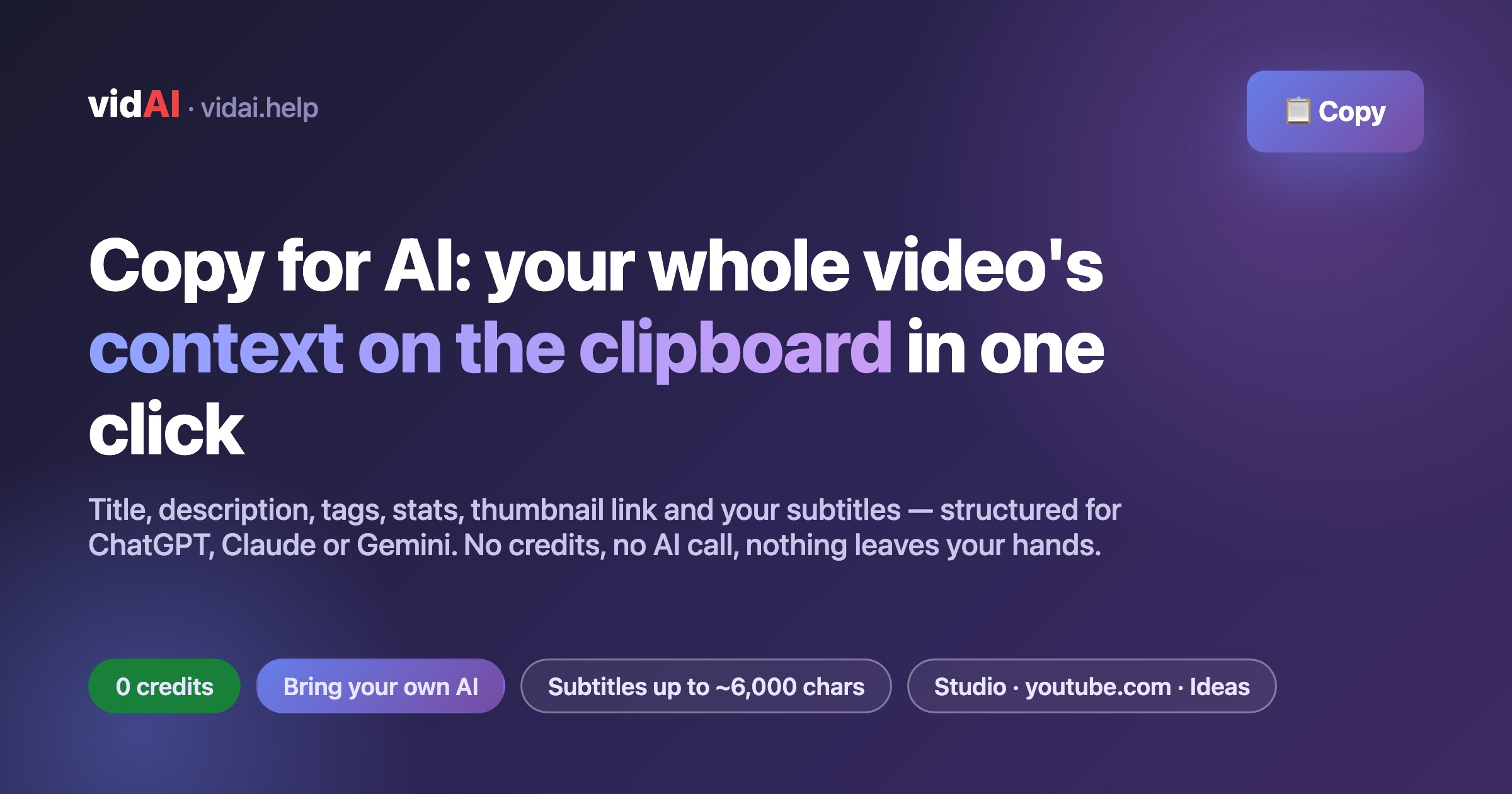 Copy for AI: Your Whole YouTube Video's Context on the Clipboard in One Click (What It Copies, How It Reads Your Video, Prompts That Work)