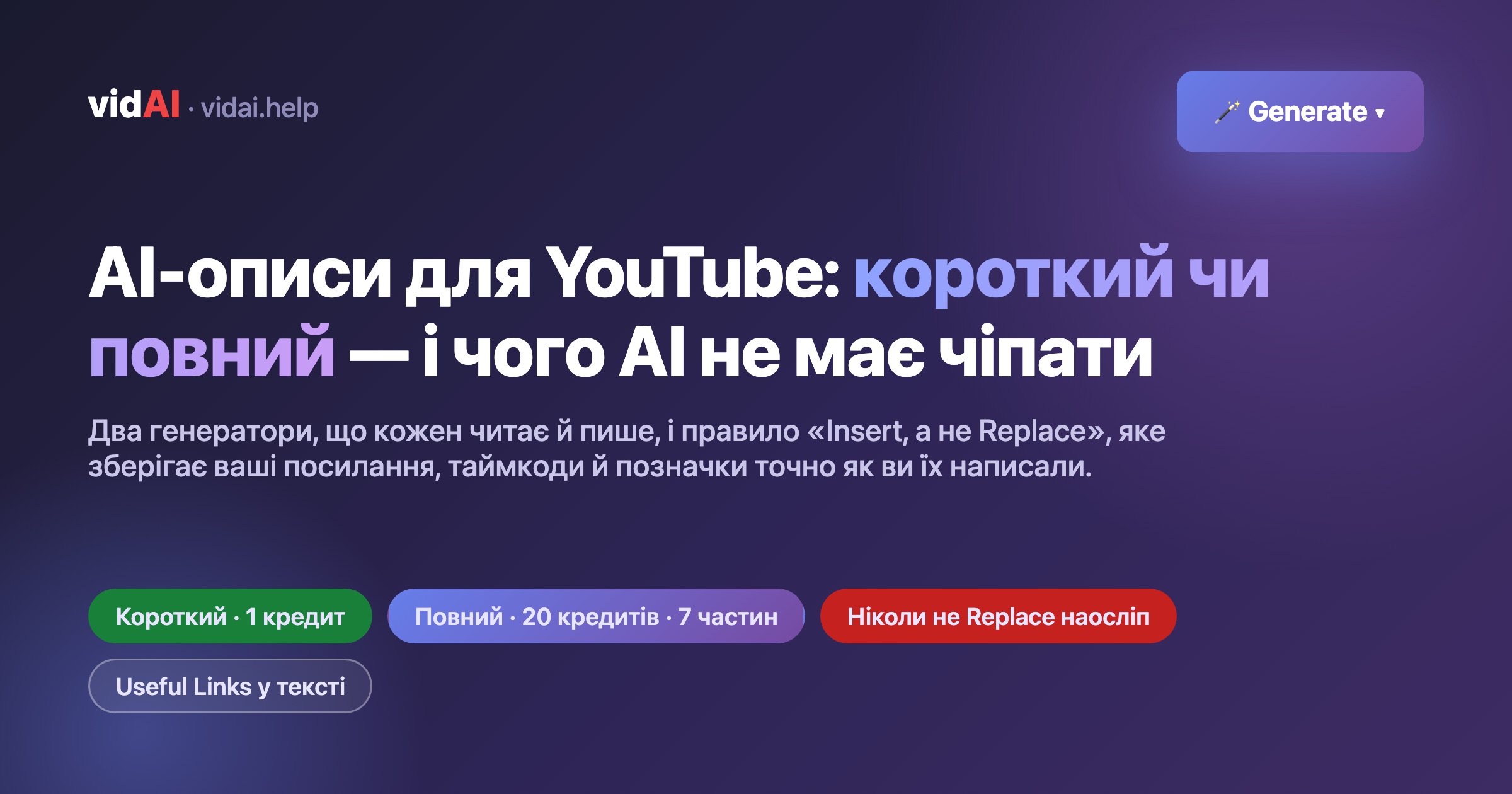 AI-описи для YouTube: короткий чи повний, що пише кожен і чого AI не має чіпати (Insert, а не Replace)