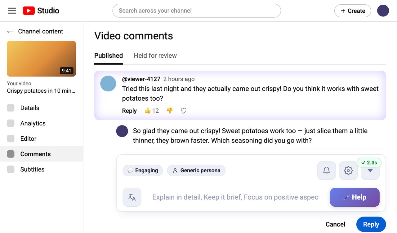 VidAI comment helper bar in YouTube Studio: a generated reply in YouTube's reply box, the Engaging style and persona chips, and the 🪄 Help button