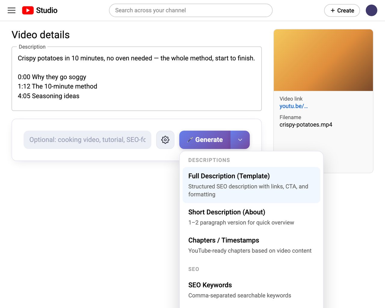 VidAI's 🪄 Generate menu under the description box: Full Description (Template), Short Description (About), Chapters / Timestamps and the SEO options