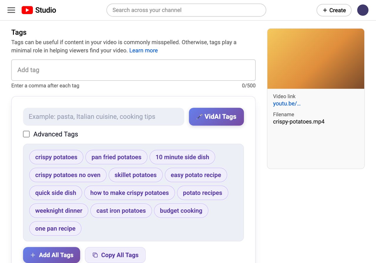 VidAI Tags block under YouTube's tag field: generated tags as chips, with Add All Tags and Copy All Tags