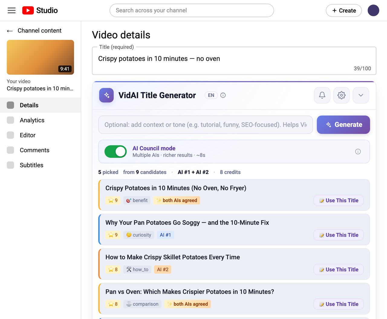 VidAI Title Generator under YouTube's title field: AI Council mode on and ranked title suggestions with score, angle and agreement badges